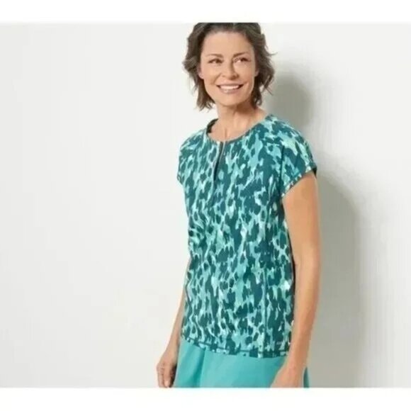 Zuda UPF50 Short Sleeve Swim Shirt Size XXS Teal Abstract Green Summer Beach NEW - Picture 1 of 7